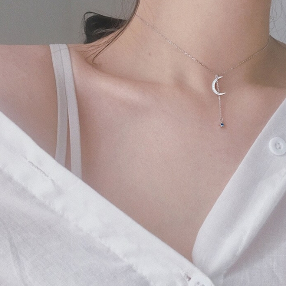 S925 sterling silver crescent moon blue zircon star necklace - Picture 4 of 8